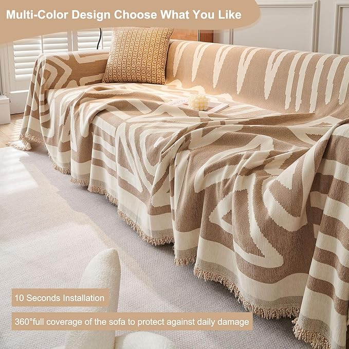 STACYPIK Durable Khaki Couch Covers for Dog Boho L Shape Armchair Slipcovers Tassels Couch Protector for 1 Cushion Couch Reversible Geometric Sofa Cover Anti Slip Multi-Use Couch Cover Blanket-71X71IN