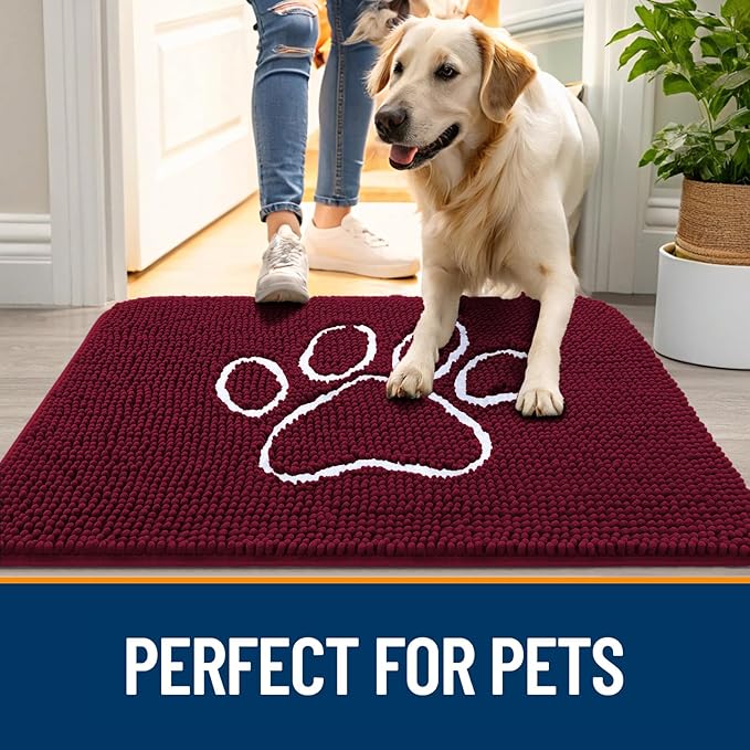 OLANLY Door Mat for Muddy Dog Paws 59x35, Ultra Absorbent Chenille Mud Doormat with Paw Print Design, Non-Slip Washable Doormat for Indoor Entryway, Quick-Dry Pet Bed Mats for Dirty Dogs, Burgundy