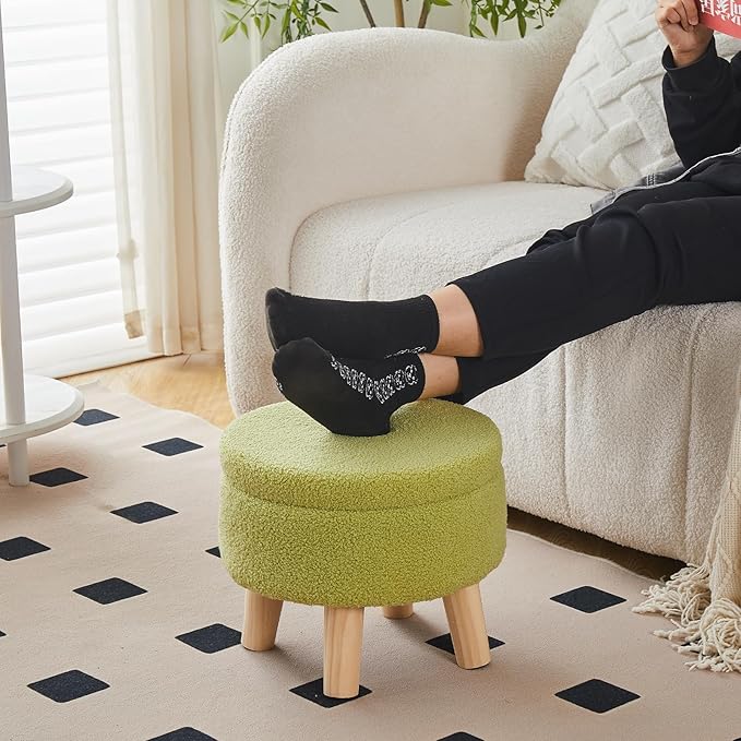 Wimarsbon Storage Ottoman, Modern Round Footrest with Soft Padded Seat, Teddy Velvet Footstool with Wood Legs, Accent Small Table or Plant Stand for Hallway, Living Room (Brilliant Green)