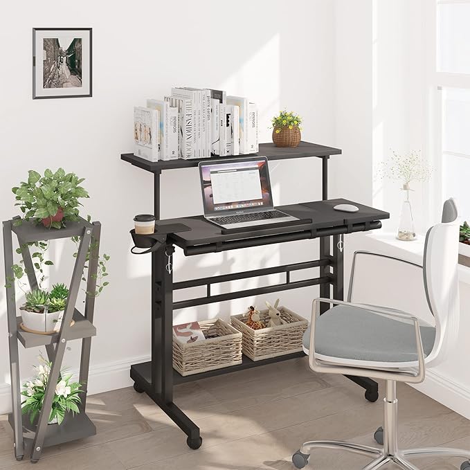 Mobile Standing Desk, Adjustable Rolling Computer Desk with 3 Desktops, Portable Laptop Table with Cup Holder, Home Office Laptop Workstation on Lockable Wheels, Black
