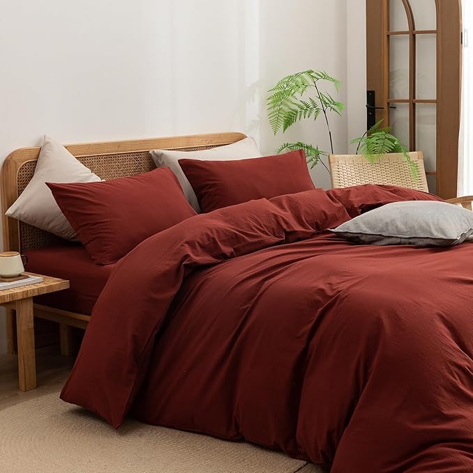 BESTOUCH Duvet Cover Set 100% Washed Cotton Linen Feel Super Soft Comfortable Chic Lightweight 3 PCs Home Bedding Set Solid Fired Brick Red Oversized Full