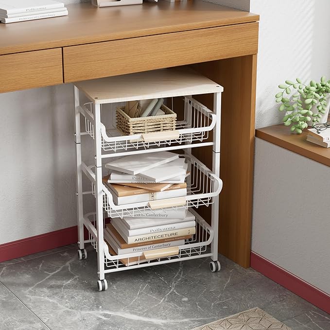 4-Layer Fruit Basket Kitchen Food Storage Organizer and Storage Rack, Stackable Storage cart with Desktop, Pull-Out Hollow Metal Storage Basket, liding Out Storage,White