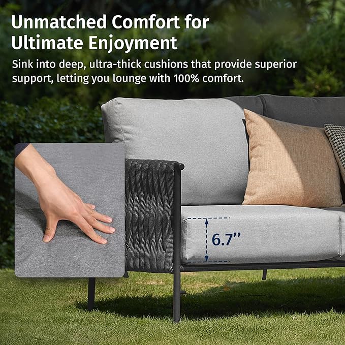 EAST OAK Corner Patio Furniture Set | Life Chatter 5-Seat Outdoor Furniture | Deep Seating Corner Sofa with Round Coffee Table | Extra-Thick & Washable Cushions | Misty Grey