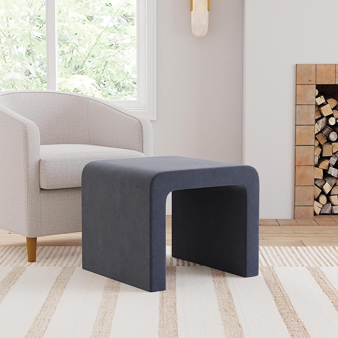 HomePop Modern Arch Velvet Ottoman Home Décor|Ottoman for Living Room & Bedroom - Steel Blue Velvet