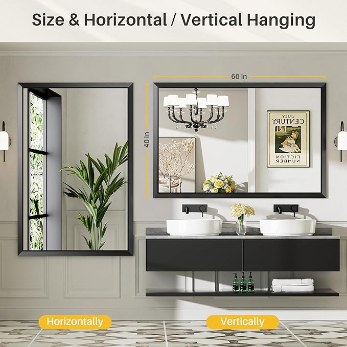 60x40 Inch Black Bathroom Mirror for Wall, Thick Metal Framed Rectangle Mirrors for Over Sink, Bedroom, Living Room, Entryway, Anti-Rust, HD Tempered Glass