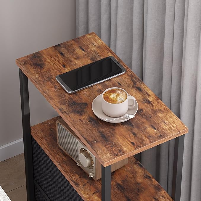 TUTOTAK Small Narrow End Table, Set of 2, Side Table, Nightstand with 2 Cloth Drawers, Couch Table, for Living Room, Bedroom, Bedside, Brown and Black TB01BB054K