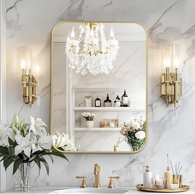 MZON 20x30 Inch Brushed Gold Vanity Mirror, Rectangle Bathroom Mirrors for Over Sink, Anti-Rust Frame & Tempered Glass, Hangs Horizontally/Vertically - Ideal for Small Bathroom or Powder Room