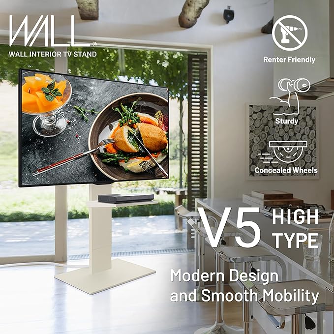 WALL V5 High Type | Minimalist Rolling TV Stand for 32–80 Inch | Satin White | Portable, Space Saving, Height Adjustable, No Drill | for Living Room and Bedroom | Japan-Engineered Design