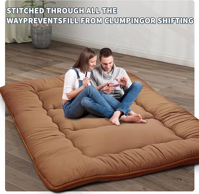Japanese Floor Mattress,4" Thicken Japanese Floor Sleeping Pad Foldable,Futon Mattress Suitable for Camping and Guest Room (Khaki, Queen (80" X 60"))