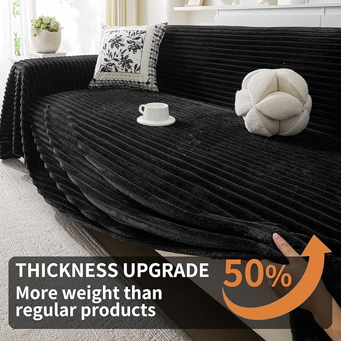HAOMAIJIA Faux Fur Sofa Covers Couch Covers for 2 Cushion Couch Sofa Pet Friendly Soft Non Slip Couch Cover for Dogs Washable Sectional Couch Covers L Shape Furniture Protector (Black, 71"x118")