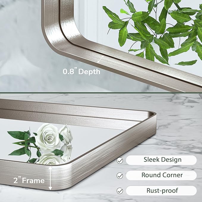 TokeShimi 48x24 Brushed Nickel Bathroom Wall Mirror Vanity Metal Frame Round Corner Rectangular for Home Decor Living Room Entryway