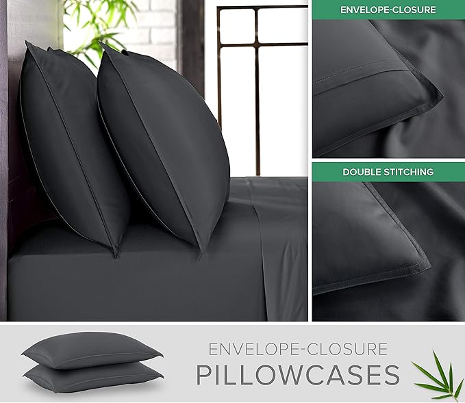 Twin Sheets by Pure Bamboo, Genuine 100% Organic Viscose Derived from Bamboo Bed Sheet Set, Luxuriously Soft & Cooling, Double Stitching, Lifetime Quality Promise (Twin, Charcoal)