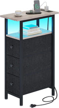 End Table with Charging Station, Narrow Side Table with 3 Fabric Drawers, Skinny Nightstand with LED Light, Slim Bedside Table for Bedroom, Living Room, Small Spaces, Greige and Black