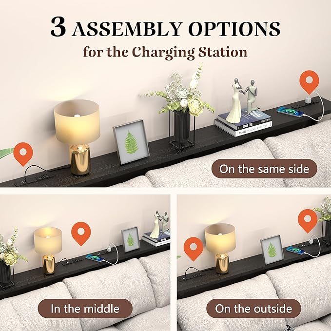 GRLEAF 90" Sofa Table with Built-in Power Strip (4 AC Outlets & 4 USB Ports) – 4.9ft Power Cord, Metal Frame, Easy Assembly, Long Couch Table Behind Sofa, Living Room and Home Office | Black