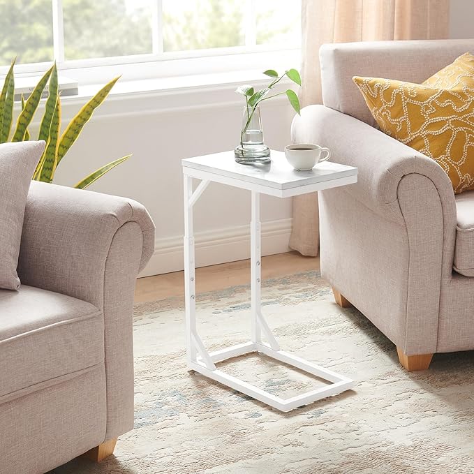 C-Shaped End Table, Small Sofa Table with Metal Frame, Adjustable Height Side Table for Couch, Living Room, Bedroom, Bedside (White, Small)