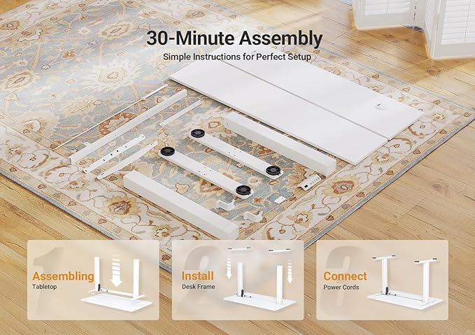 Seang Electric Standing Desk Adjustable Height, 40 x 24 Inch Sit Stand Desk with T-Shaped Frame, 3 Memory Presets & Cable Management for Home Office Computer Workstation, White Frame/White Top