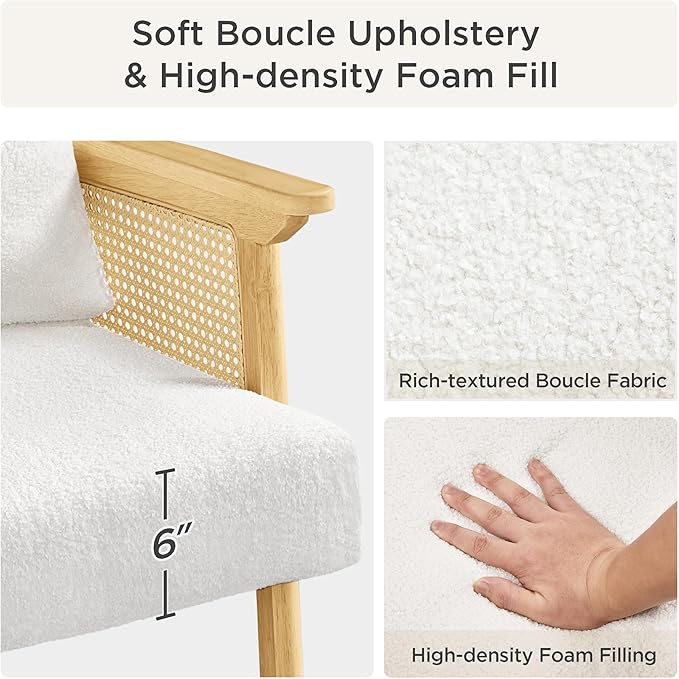 Yaheetech Accent Chair, Boucle Vanity Chair with Rattan Back Arms, Mid Century Chair Upholstered Living Room Chair Lounge Chair Bedroom Balcony White