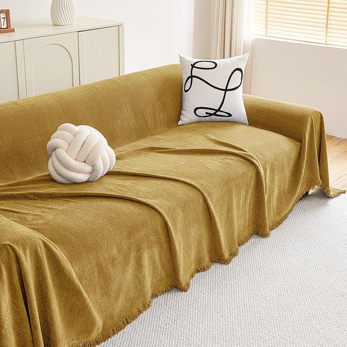 hyha Couch Cover for Dogs, Boho Sofa Covers for 3 Cushion Couch Washable, Chenille Sofa Slipcover for Pets, Soft Loveseat Sectional Couch Throw Blankets with Tassels (Yellow, 88.5x134 Inch)