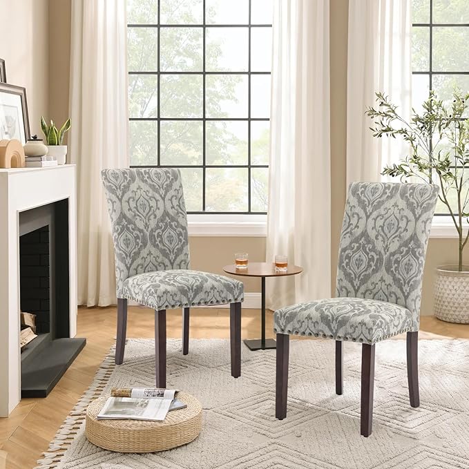 Parsons Dining Chairs Set of 2, Upholstered Nailhead Dining Room Kitchen Side Chair with Thick Cushions and Wood Legs, White/Grey