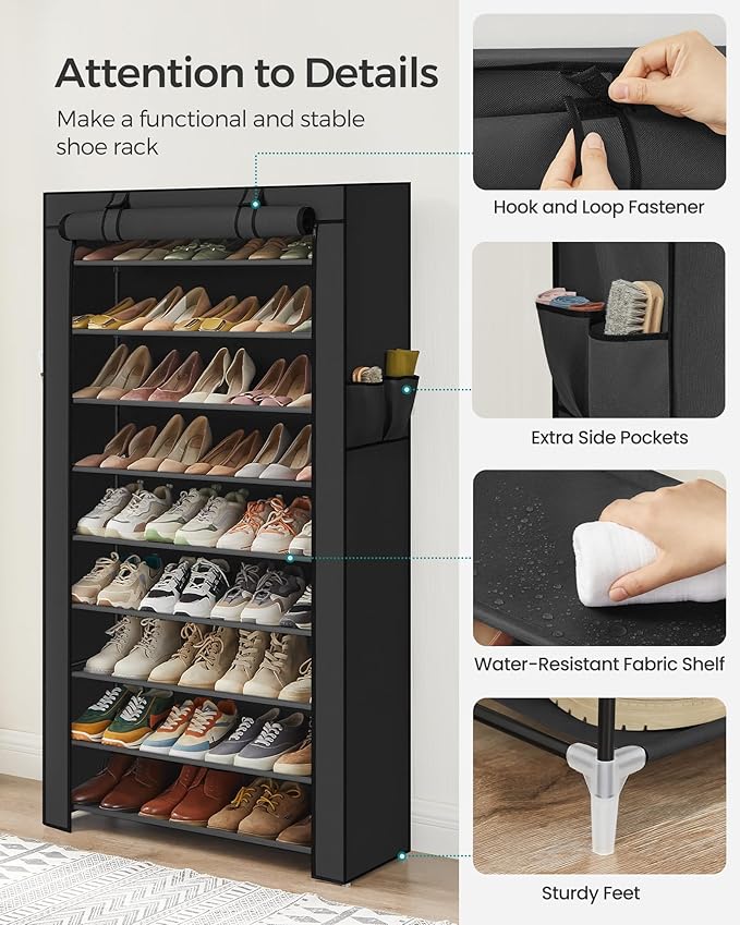 SONGMICS Shoe Rack with Non-Woven Fabric Cover, 9 Tier Storage Shelf for 40-50 Pairs of Shoes, Entryway, Suitable for Sneakers, High Heels, Flats, and Boots, Black URXJ36HV1