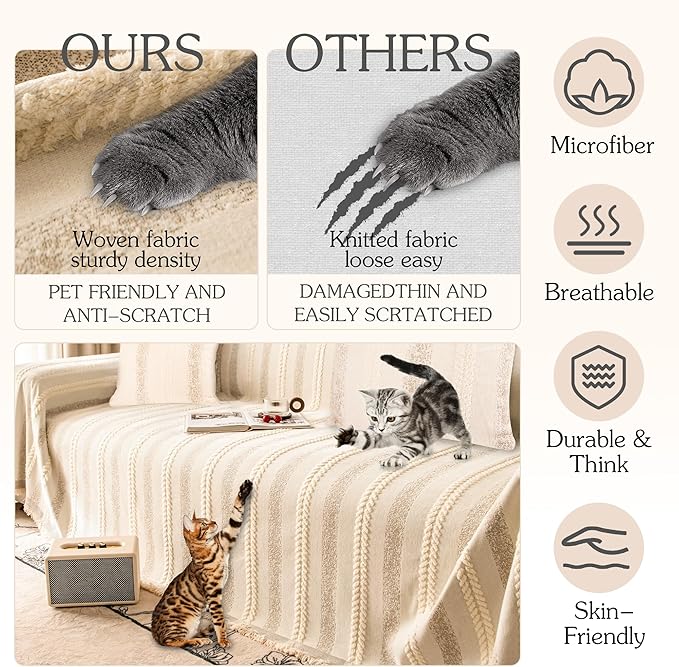 Couch Cover for Dogs Washable Sofa Cover, Sectional Couch Covers, Sofa Covers for 2 Cushion Couch, Non Slip Stripe Sofa Slipcovers Furniture Protector, Couch Protector from Cat Claws, Beige,75''x150''