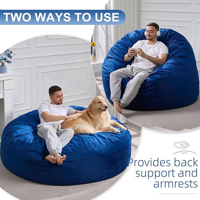 Hobestluk 6FT Bean Bag Chair Bean Bag Chairs for Adults Giant Bean Chairs with Velvet Cover, Memory Foam BeanBag Chair Fluffy BeanBag Chairs for Living Room, Bedroom- Blue (70" x 70" x 15")