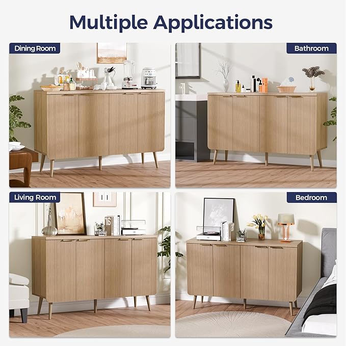 47.2" Buffet Cabinet with 4 Doors, Accent Sideboard Cabinet with Adjustable Shelf, Dining Room Sideboard with Waveform Panel, Credenzas for Living Room, Hallway, Natual Oak