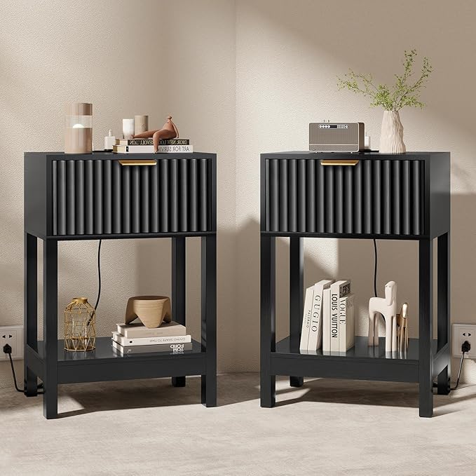 Night Stand Set 2, Fluted Nightstand with Charging Station, Wood Bedside Table with Drawer & Storage Shelf, Modern End Tables for Bedroom Sofa Couch Office, Black