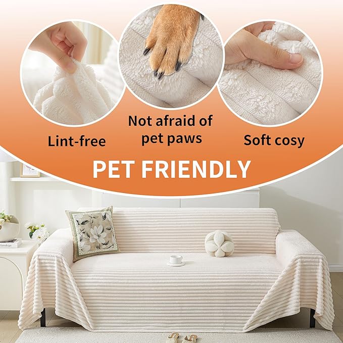 HAOMAIJIA Faux Fur Sofa Covers Couch Covers for 2 Cushion Couch Sofa Pet Friendly Soft Non Slip Couch Cover for Dogs Washable Sectional Couch Covers L Shape Furniture Protector (Off White, 91"x118")