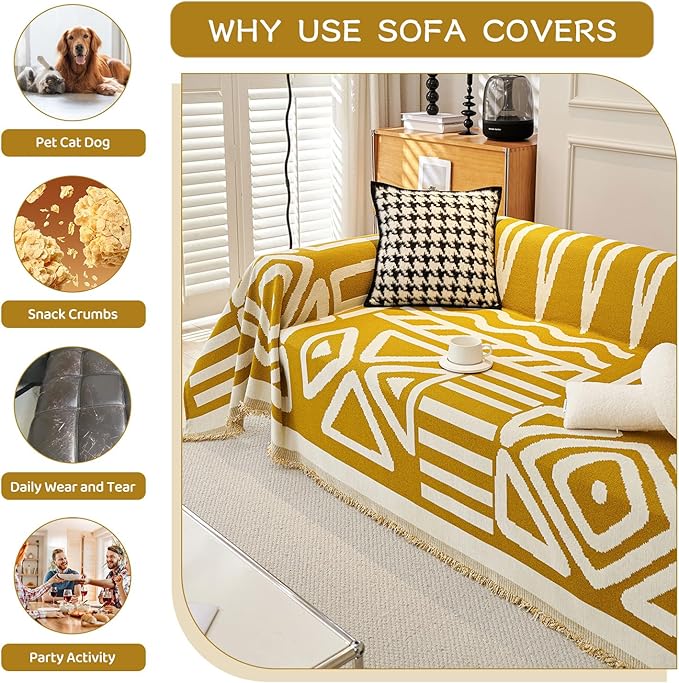 STACYPIK Mustard Yellow Boho Sofa Cover Couch Cover Reversible Jacquard Furniture Protector for 3 Cushion Couch L Shaped Sofa Slipcover Non-Silp Sofa Cushion Covers for Sectional with Tassels-91X150IN