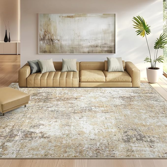 Washable Area Rugs 8'x10' Non-Slip Modern Abstract Soft for Living Room Entryway Bedroom Nursery, Print Pattern, Neutral Brown Gray