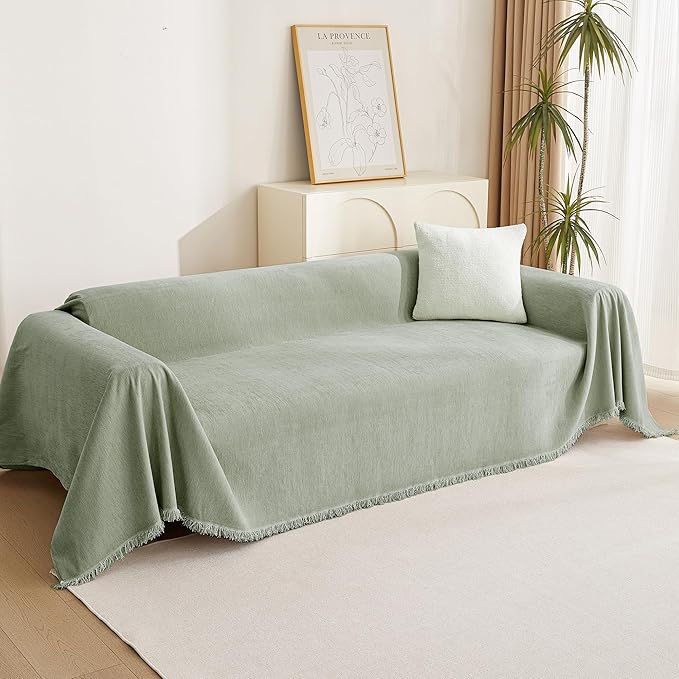 MYSKY HOME Easy Fitted Couch Cover for Dogs - Stain Resistant Sage Sofa Cover for 2 Cushion Loveseat - Multi-Use Sectional Universal Tassel Throw 91"X 118"