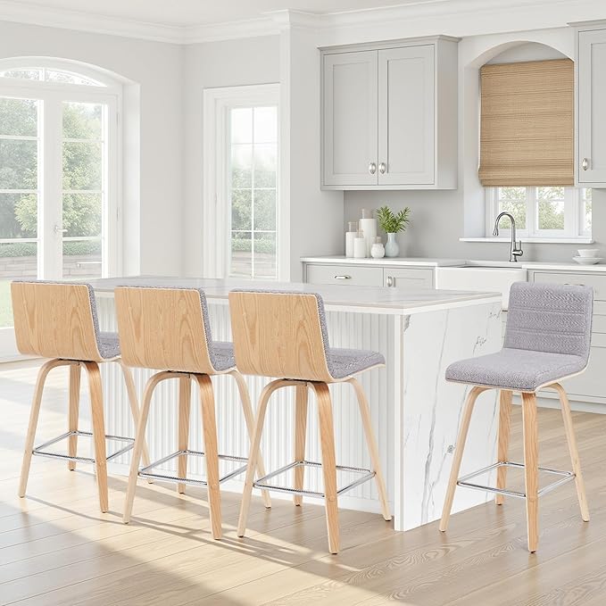 Vienna Modern Counter Height Swivel Bar Stool with Grey Upholstered Seat and Patterned Oak Wood Frame Set of 3