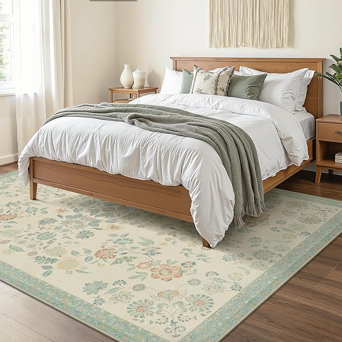 GENIMO 8x10 Area Rugs for Living Room, Machine Washable Non Slip Vintage Rugs, Low Pile Lightweight Chenille Print Rug for Bedroom, Dining Room, Home Office, Beige/Green