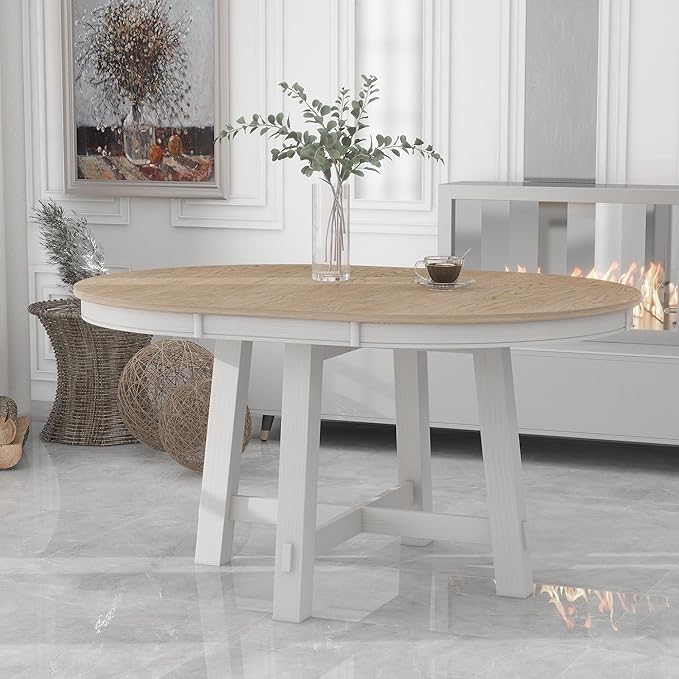 Need Extendable Farmhouse Round Dining Table with 16" Leaf - Solid Wood Kitchen Table, Adjustable Size for Small Spaces (Oak + White)