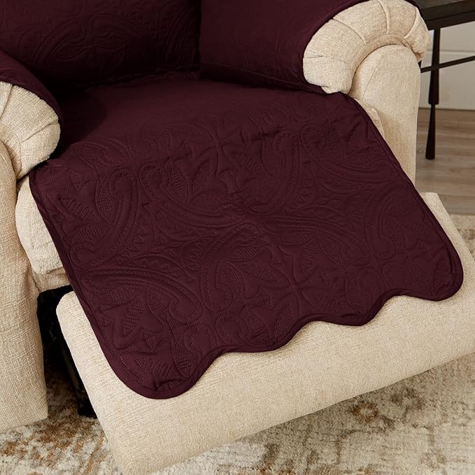 Medallion Stitched Solid Furniture Protector Stain Resistant Durable Furniture Protector Elenor Collection (Recliner, Wine/Light Grey)