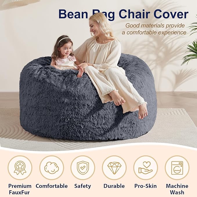 Bean Bag Chair Cover(No Filler) Soft Faux Fur Stuffed Animal Bean Bag Storage, Fluffy Plush Bean Bag Chair Cover Washable, Comfy Bean Bag Chairs for Adults, 6FT, Dark Grey