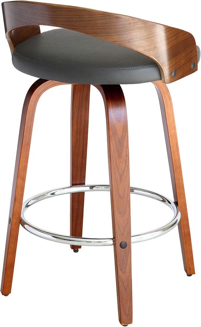 Armen Living Sonia 26" Counter Height Swivel Gray Faux Leather and Walnut Wood Bar Stool - Set of 4