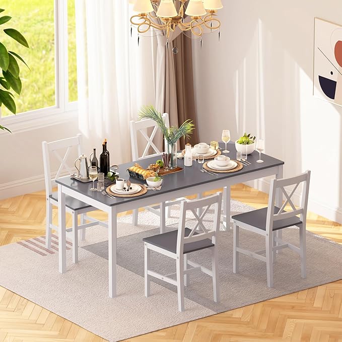 SogesPower Dining Table Set for 4, 5-Piece Wood Kitchen Dining Table Set with 4 Chairs for Kitchen Dining Room Restaurant Small Space, 47" Grey&White