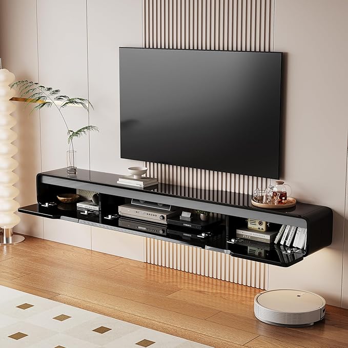 High Gloss Floating TV Stand with 3 Doors,47'' Wall Mounted TV Cabinet,Under TV Console,Floating Media Shelft for Bedroom Living Room(Black)