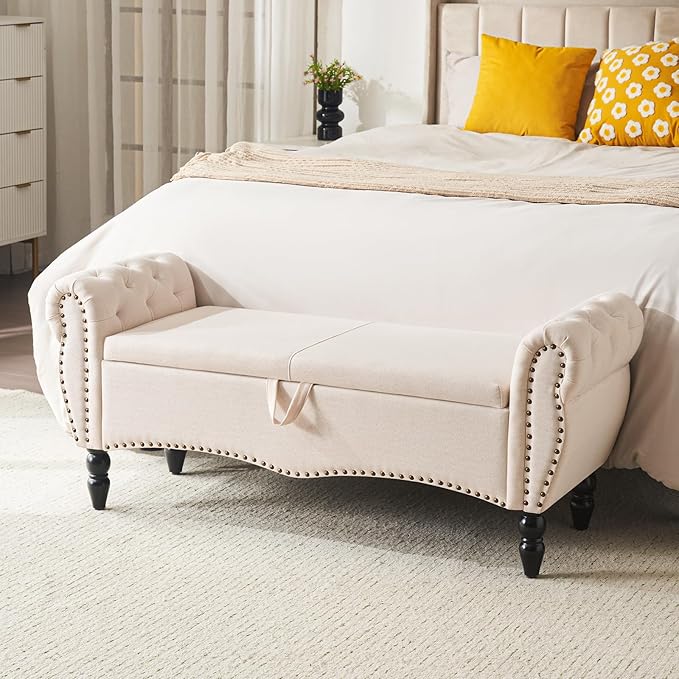 Furniliving Storage Ottoman Bench for Bedroom, Upholstered End of Bed Bench with Solid Wood Legs Modern Shoe Storage Bench Indoor Bench for Living Room Entryway Bench Furniture,Beige, Linen