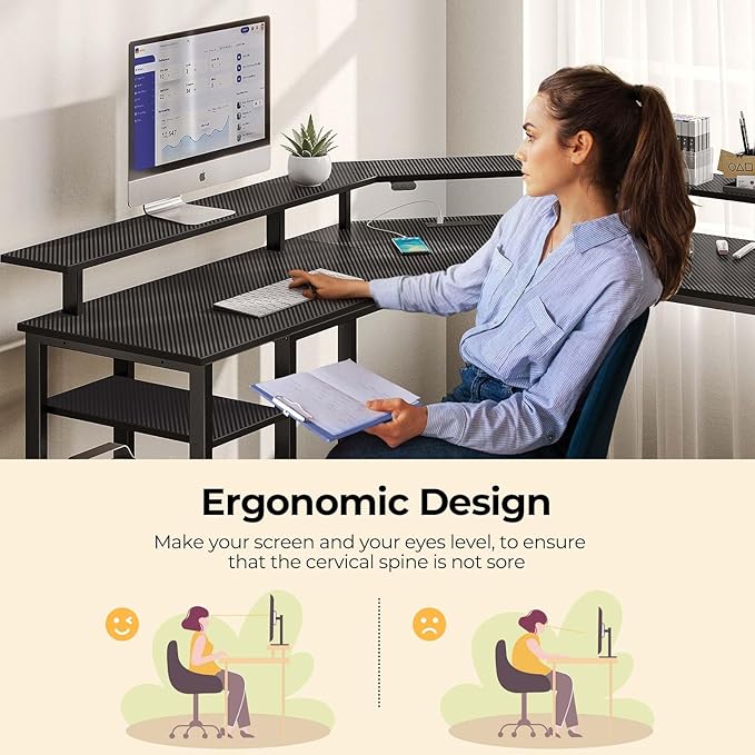 Rolanstar L Shaped Gaming Desk with LED Lights & Power Outlets, 46.2" Computer Desk with Full Monitor Stand & Storage Shelf, Corner Desk with Hooks, Carbon Fiber Desk Reversible
