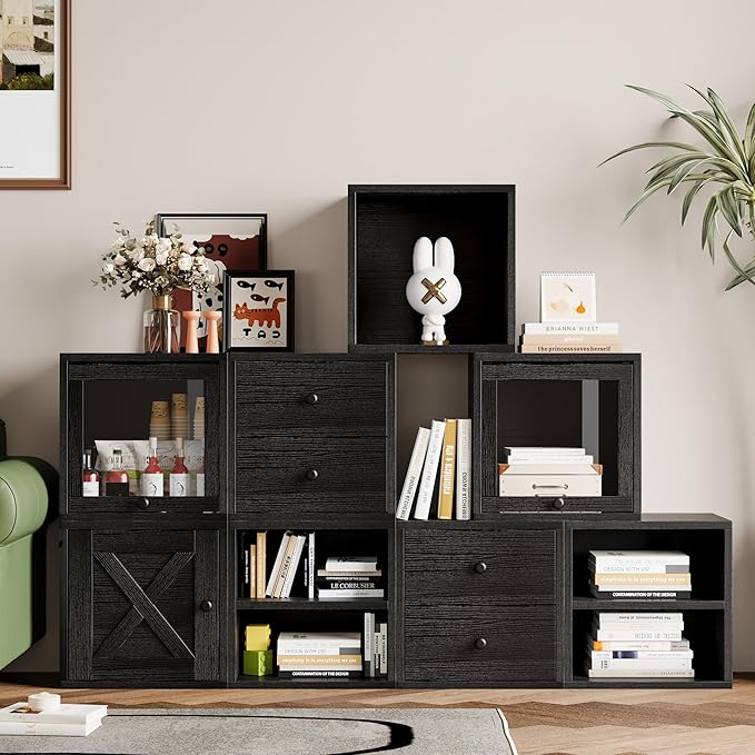 FUSUNBAO Magic DIY Cube Storage Organizer Stackable Cubes for Home Books Clothes Toy-Modular Cubby Storage System-Office Cubical-Bookcase Closet(Black,Cat Door Cube)