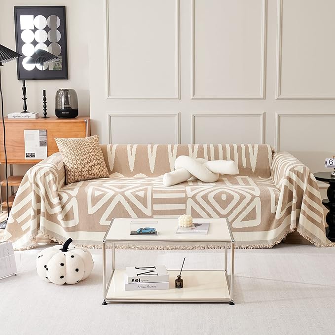 STACYPIK Thick Boho Sofa Cover Beige Khaki Triangle Plaid Couch Cover Skin Pet-Friendly Chenille Sofa Protector for 3 Cushion Couch Reversible Couch Cover Tassel Washable Sectional Sofa Cover-91X134IN