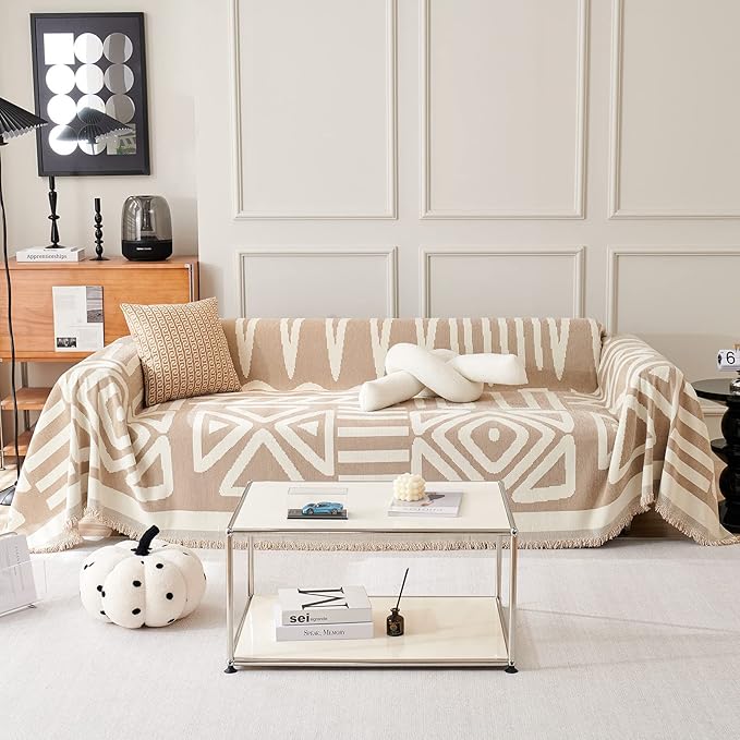 STACYPIK Boho Khaki White Cream Sofa Cover for Sofas Chenille Triangle Couch Cover Reversible Furniture Covers for 3-4 Cushion Couch L Shaped Couch Cover for Dogs Cats Non-Silp Loveseat Cover-91X150IN