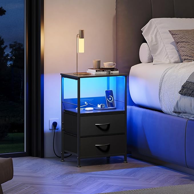 WLIVE LED Night Stand with Charging Station, Black Nightstand with 2 Fabric Drawers and Storage Shelf, Dorm Bedside Table End Table with 2 USB Ports and Outlets, Small Dresser for Bedroom, Living Room