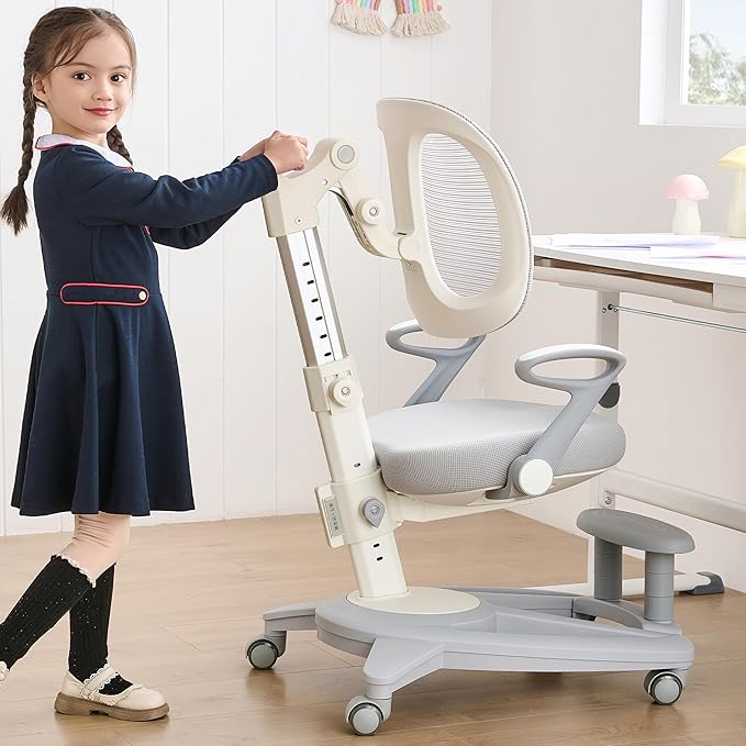 Ergonomic Kids Desk Chair with Footrest & Height-Adjustable Seat, Multifunctional for Study, Work & Dining – Comfy Cushion & Smooth Wheels for Boys & Girls (Grey)