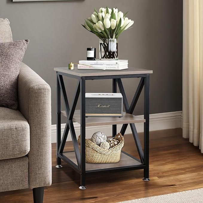 End Tables Living Room Set of 2, 16" D x 16" W x 24" H, Indoor Side Tables Living Room with Storage Shelf, Square End Table Set of 2, X-Shaped Night Stands for Bedroom, Farmhouse Wood End Tables, Grey