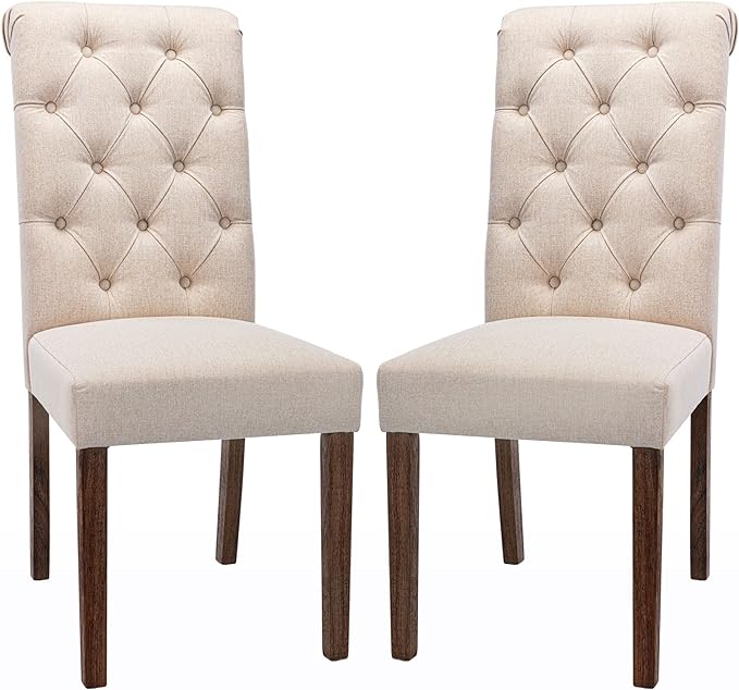 COLAMY Tufted Upholstered Dining Chairs Set of 2, Accent Parsons Chairs with Solid Wood Legs and Padded Seat, Beige