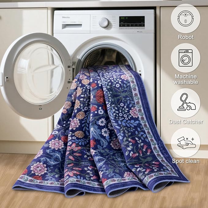 Runner Rug for Entryway: 2x6 Kitchen Rugs Non Slip Washable Ultra-Thin Soft Floral Carpet Indoor Floor Stain Resistant Carpets for Hallway Bedroom Kitchen Laundry Bathroom Dorm Blue